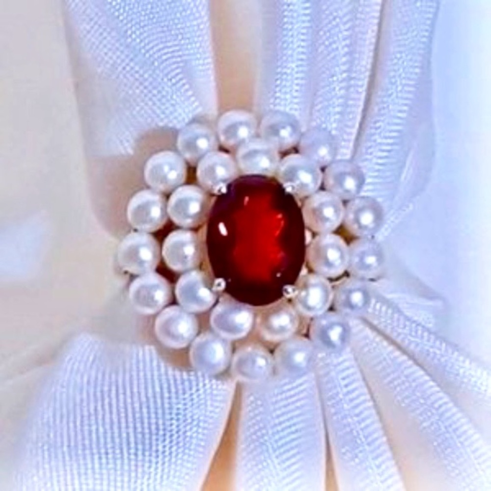 💲SALE💲 Natural White Double Row Seed Pearl and Garnet Ring .925 Sz 6.5